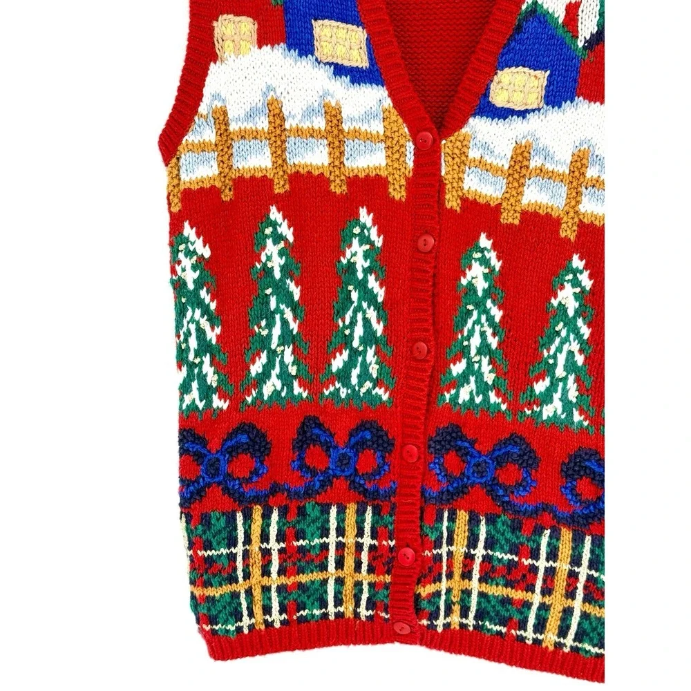Vtg Ashley Petites Medium Hand Knit Christmas Sweater Cardigan V-Neck Button Red